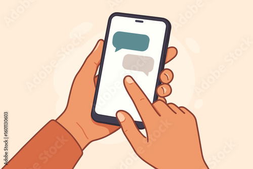 Modern Communication - Hand Holding Smartphone Sending Text Messages, Messaging App Interface, Finger Typing on Touchscreen, Online Chat and Mobile Connection Vector Illustration