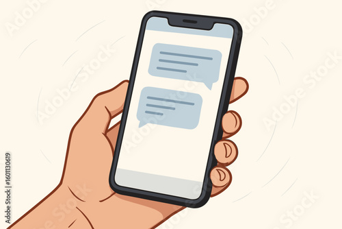 Hand Holding Smartphone with Messaging App Interface, Text Messages on Screen, Digital Communication, Mobile Chat, Cartoon Vector Illustration, Light Background, Modern Online Conversation Concept