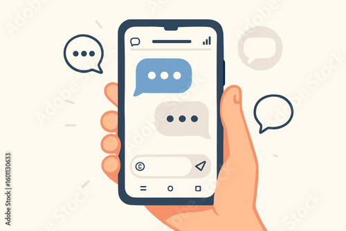 Modern Smartphone Messaging Concept – Hand Holding Mobile Phone with Speech Bubble Notifications, Chat Interface, Social Media Conversations, Instant Messaging Vector Illustration