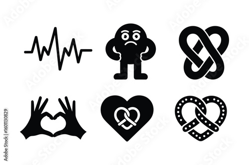Black silhouette icons of heartbeat electrocardiogram sad character pretzel heart hands forming heart and pretzel
