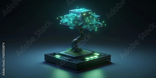 A miniature digital bonsai tree illuminated with bright green lights and intricate circuitry rests on a futuristic electronic base.