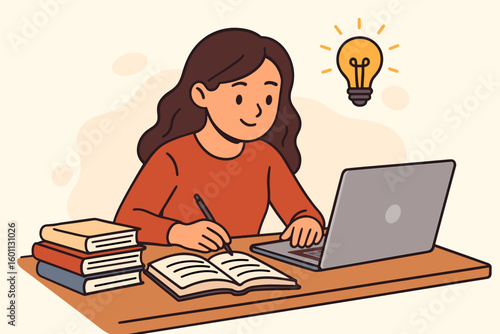 Female Student Studying at Desk with Laptop, Books and Idea Light Bulb, Online Learning, Homework, Education Success, Creative Thinking, Academic Study Room