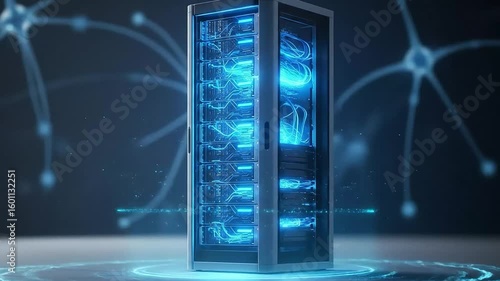 Blue-powered data server connecting to an invisible neural network