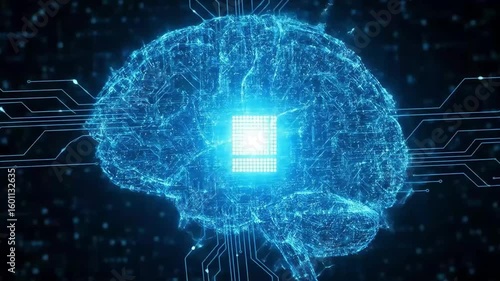 Artificial brain made of circuits and bright blue lights, on a dark background