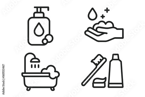 Hygiene line icon set. Personal care and cleanliness symbols. Hand washing, shower, bath, and dental care. Simple outline vector illustration for health and sanitation.