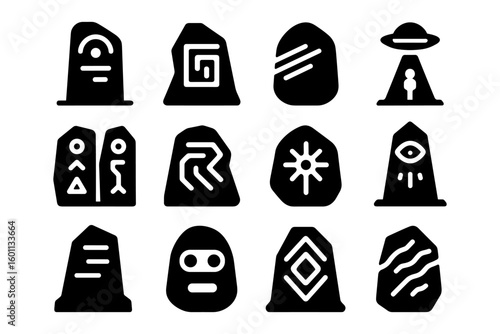 Ancient artifact symbols: mysterious black silhouette icons of cosmic rock art