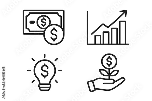 Finance line icons set for business and investment concepts. Money growth chart, financial idea lightbulb, savings, and profit symbol. Vector illustration for economy and success.