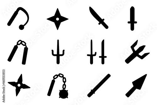 Martial arts weapons silhouette collection featuring traditional tools