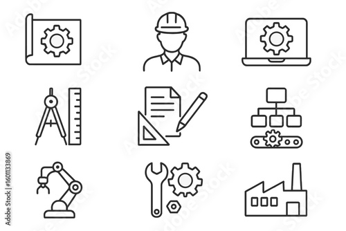 Engineering and manufacturing line icon set. Thin outline vector symbols for industry and technology. Includes factory, robot arm, blueprint, engineer, flowchart, drafting tools.