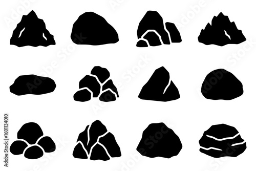 Collection of twelve black silhouette rock shapes for graphic design