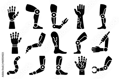 Futuristic prosthetic limbs collection in silhouette style