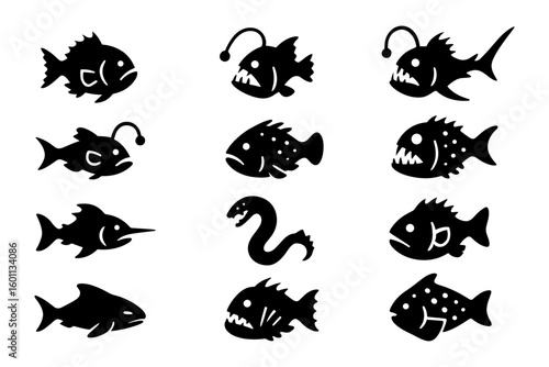 Silhouette collection of deep sea creatures with shark and anglerfish designs