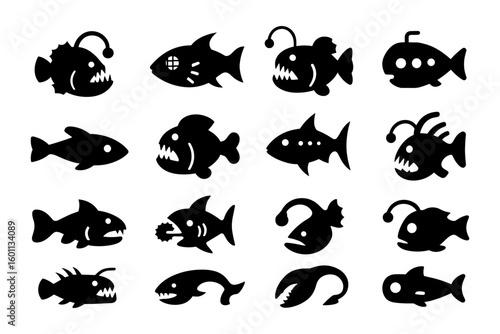 Silhouette collection of deep sea fish with angler features and submarine shapes