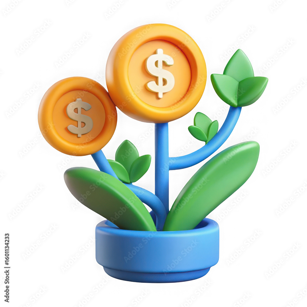 Obraz premium Stylized 3d money plant with dollar coins and green leaves isolated on transparent background