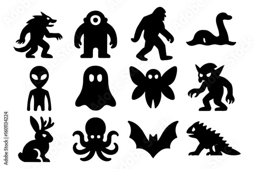 Silhouette collection of mythical creatures and cryptids in black