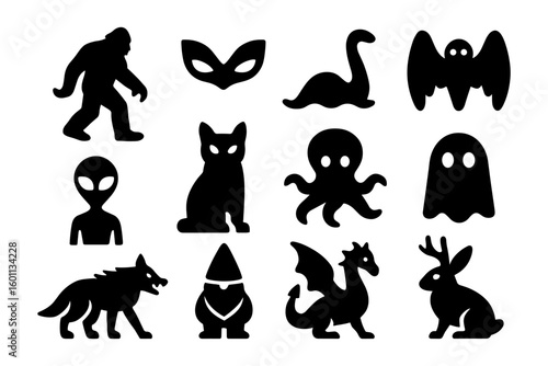 Silhouette icons of mythical creatures and cryptids in bold black design