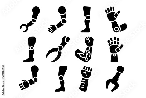 Silhouette collection of robotic arms and legs with cyborg components