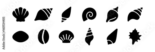 Seashell silhouettes: nautical collection of marine shells in black