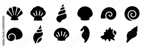 Silhouette seashell icons: minimalist nautical shapes