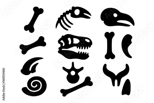 Black dinosaur fossil silhouettes set for paleontology and prehistoric design
