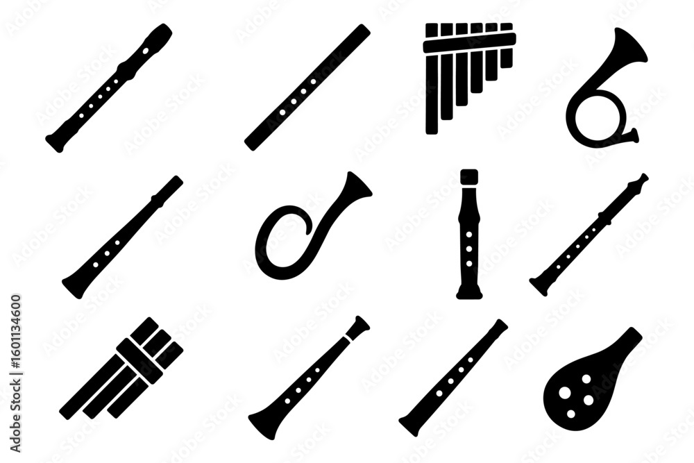 Obraz premium Silhouette collection of musical instruments featuring flutes and horns