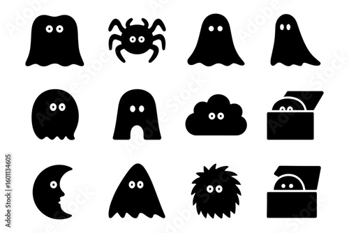 Cute spooky silhouette icons: ghosts, monsters, and halloween creatures
