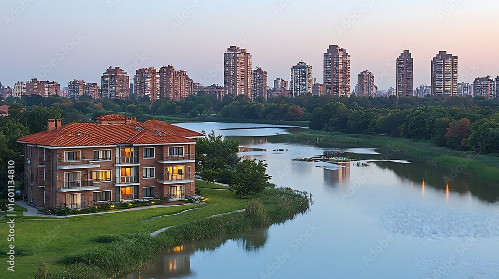 Fototapeta premium Residential complex by a calm river, beside a cityscape.