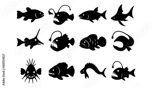 Silhouette collection of deep sea fish icons in black and white