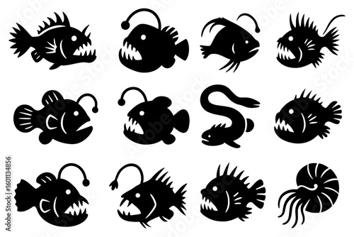 Set of unique black silhouette deep sea fish with anglerfish and tentacles
