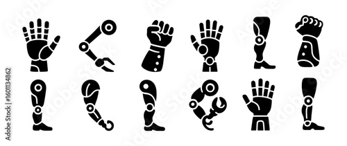 Futuristic technology: robotic arm and leg icons in solid silhouette style