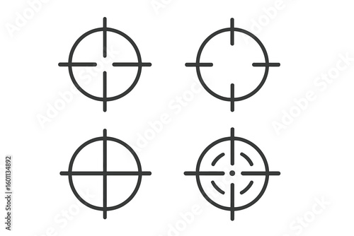 Crosshair icon set for aiming and targeting. Sniper rifle weapon sight for hunting or military games. Vector line art pictogram of focus, goal, and precision symbols.