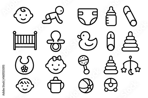 Baby care and newborn essentials line icon set. Childhood and parenting vector outline symbols. Includes diaper, bottle, crib, pacifier, toy, bib, rattle, mobile.