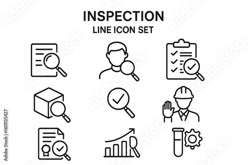 Inspection line icon set for quality control and assessment. Vector pictograms for supervision, examination, product safety, compliance, and certification. Outline linear style.
