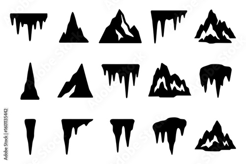 Silhouette mountain and cave stalactites icons set for nature and adventure designs