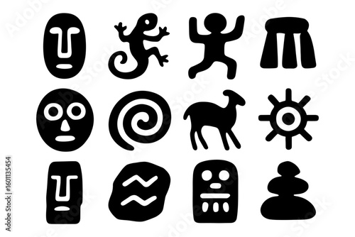 Ancient symbols and petroglyphs set in bold silhouette style