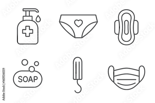 Personal and feminine hygiene line icons set. Vector symbols of soap, hand sanitizer, tampon, sanitary pad, panties, and face mask. Health, care, and protection concepts.