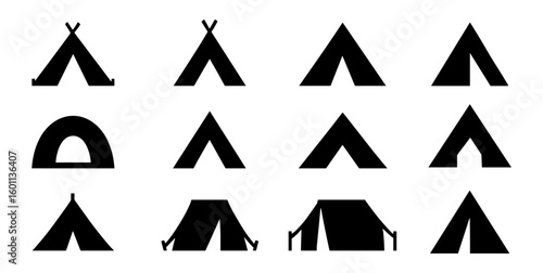 Camping tent icons set: minimalist silhouette collection of various tent styles