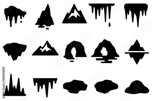Silhouette icons of geological formations and mountain landscapes