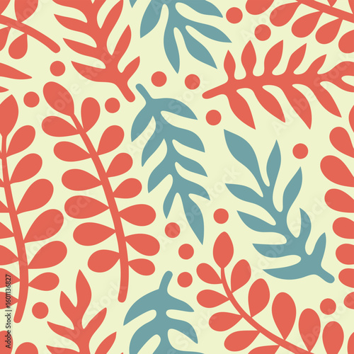 Whimsical red and blue botanical pattern with small red dots.