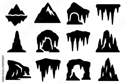 Silhouette icons of mountains and caves with stalactites and peaks