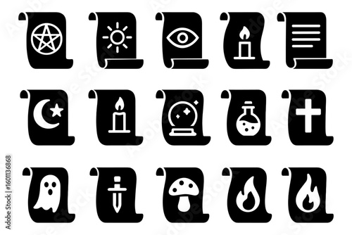 Mystical icons set: witchcraft symbols on black scrolls for magic themes