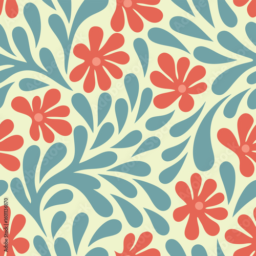 Whimsical red and blue botanical pattern with small red dots.