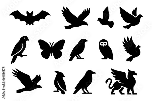 Silhouette wildlife icons featuring birds, bat, and mythical creature