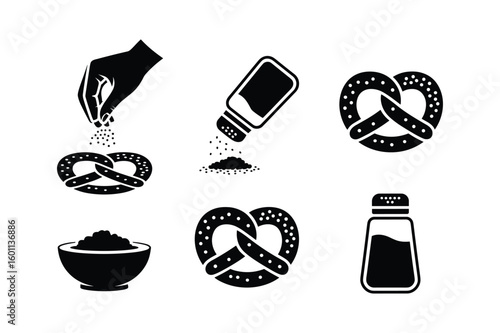 Hand sprinkling salt on pretzel seasoning bowl and shaker vector