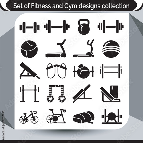 Fitness and Gym Designs Collection Exercise Equipment and Training Gear for a Healthy Lifestyle Program, Black and White