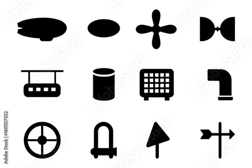 Silhouette icons of airship, propeller, bow tie, cable car, cylinder, grate, pipe, wheel, lock, arrow, weathervane