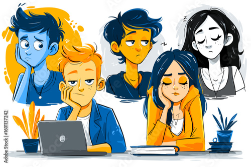 Youthful Characters Displaying Various Emotions in a Creative Workspace