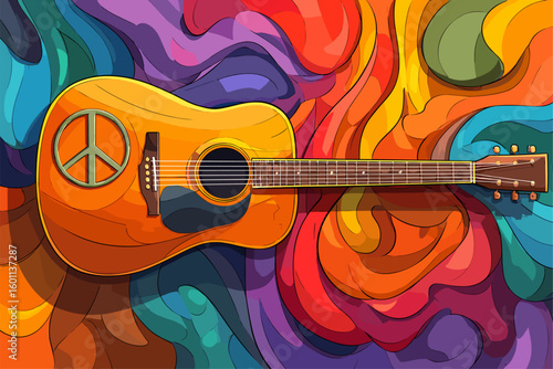 Colorful Acoustic Guitar with Peace Symbol Against Vibrant Swirls