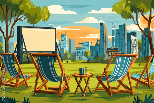 Outdoor Movie Night with Deck Chairs in a City Park