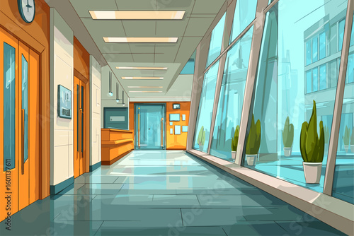 Modern Office Corridor with Panoramic Windows and Bright Design